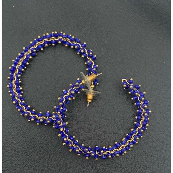 Royal Blue And Gold Tone Seed Bead Hoop Earrings Pierced - Picture 1 of 3